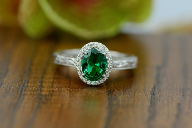 2.0 CT Oval Cut Emerald Diamond 925 Sterling Silver Halo Anniversary Ring