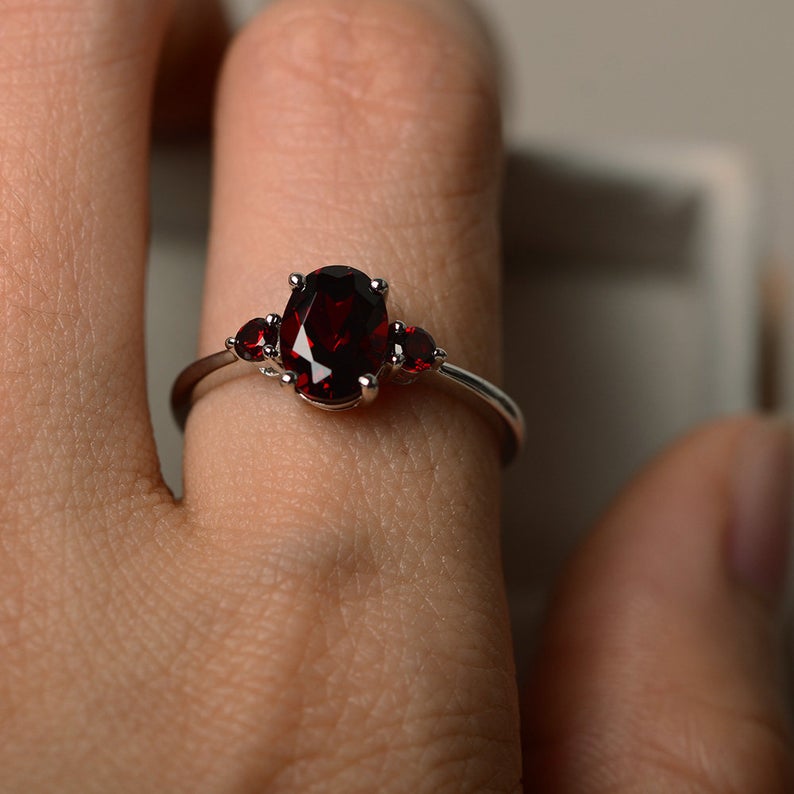 2 Ct Oval & Round Cut Red Garnet 925 Sterling Silver Three-Stone Promise Ring