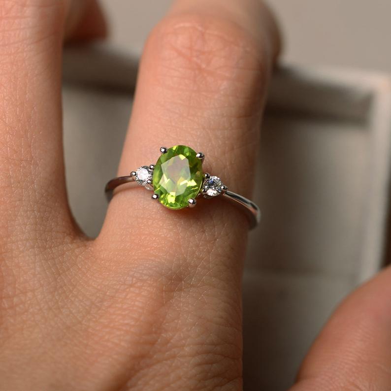 1.20 Ct Oval Cut Green Peridot & Round Cz 925 Sterling Silver Three-Stone Promise Ring