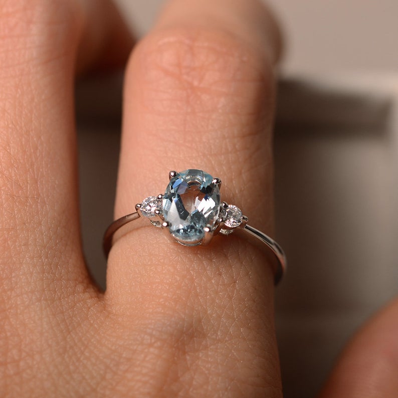 1.25 Ct Oval Cut Blue Aquamarine 925 Sterling Silver Three-Stone Promise Ring For Her