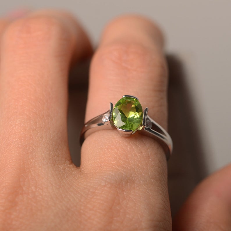 1.20 Ct Oval Cut Green Peridot Bezel Set Unique Promise Gift Ring In 925 Sterling Silver