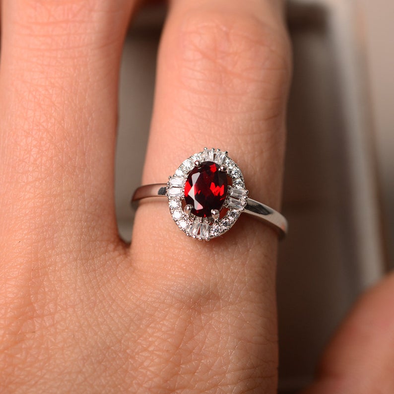 2.00 Ct Oval Cut Red Garnet 925 Sterling Silver Cluster Anniversary Gift Ring For Her