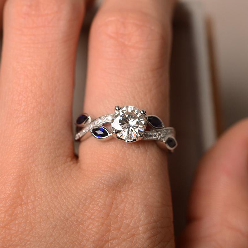 2.75 Ct Round Cut Marquise Sapphire 925 Sterling Silver Anniversary Leaf Ring