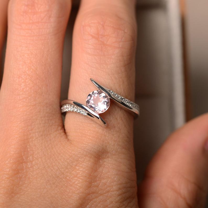 1.20 Ct Round Cut Pink Morganite 925 Sterling Silver Bypass Promise Gift Ring For Her