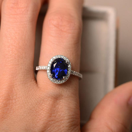 2 CT Oval Cut Blue Sapphire Diamond 925 Sterling Sliver Halo Engagement Ring