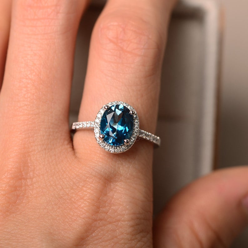 1 CT Oval Cut London Blue Topaz Diamond 925 Sterling Silver Halo Anniversary Ring
