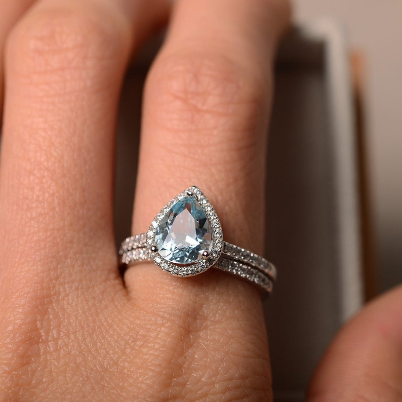 2.50 CT Pear Cut Blue Aquamarine 925 Sterling Silver Halo Engagement Bridal Ring Set