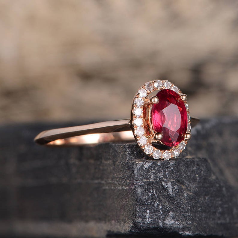 2 CT Oval Cut Ruby Diamond Rose Gold Over On 925 Sterling Silver Halo Engagement Ring