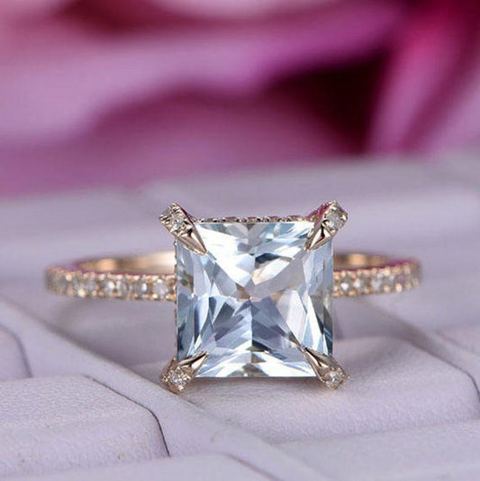 2.25 Ct Princess Cut Aquamarine Yellow Gold Over On 925 Sterling Silver Unique Wedding Ring
