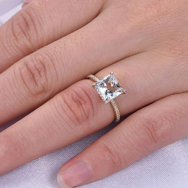 2.25 Ct Princess Cut Aquamarine Yellow Gold Over On 925 Sterling Silver Unique Wedding Ring