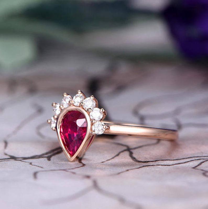 1.50 Ct Pear Cut Red Ruby & Round Diamond Bezel Set Promise Gift Ring In 925 Sterling Silver