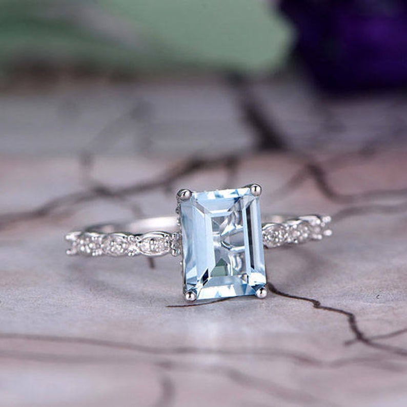 1.20 Ct Emerald Cut Aquamarine 925 Sterling Silver Solitaire W/Accents Promise Ring
