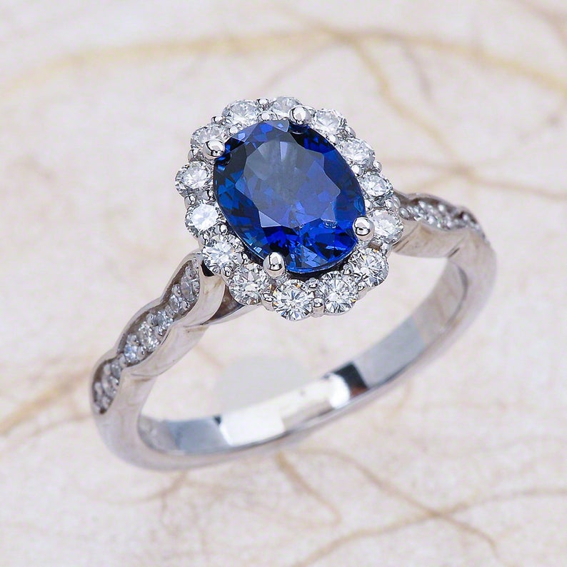 1 CT Oval Cut Blue Sapphire Diamond White Gold Over On 925 Sterling Silver Halo Engagement Ring