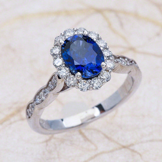 1 CT Oval Cut Blue Sapphire Diamond White Gold Over On 925 Sterling Silver Halo Engagement Ring