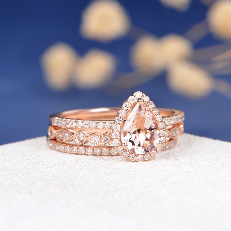 1 CT Pear Cut Morganite Diamond Rose Gold Over On 925 Sterling Silver Halo Trio Ring Set