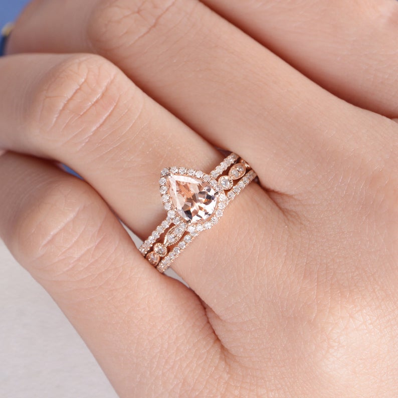 1 CT Pear Cut Morganite Diamond Rose Gold Over On 925 Sterling Silver Halo Trio Ring Set