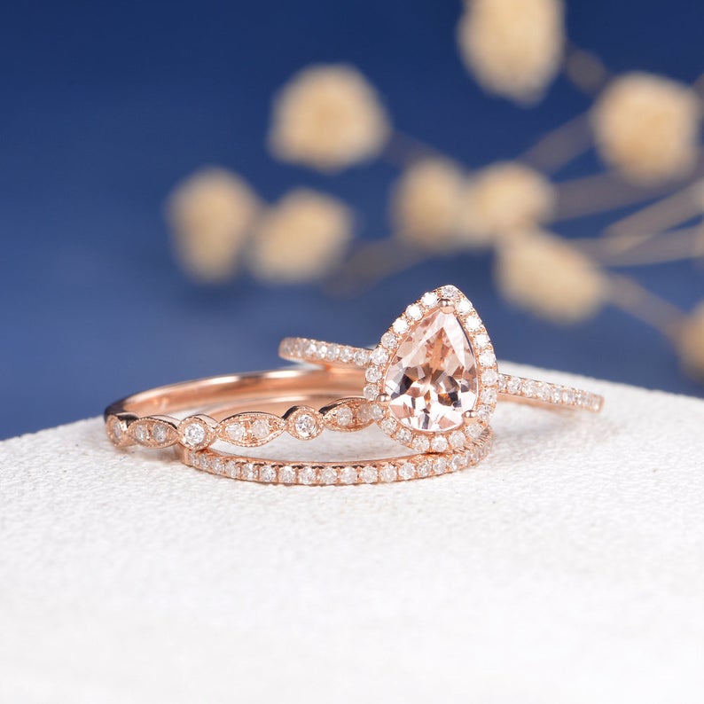 1 CT Pear Cut Morganite Diamond Rose Gold Over On 925 Sterling Silver Halo Trio Ring Set