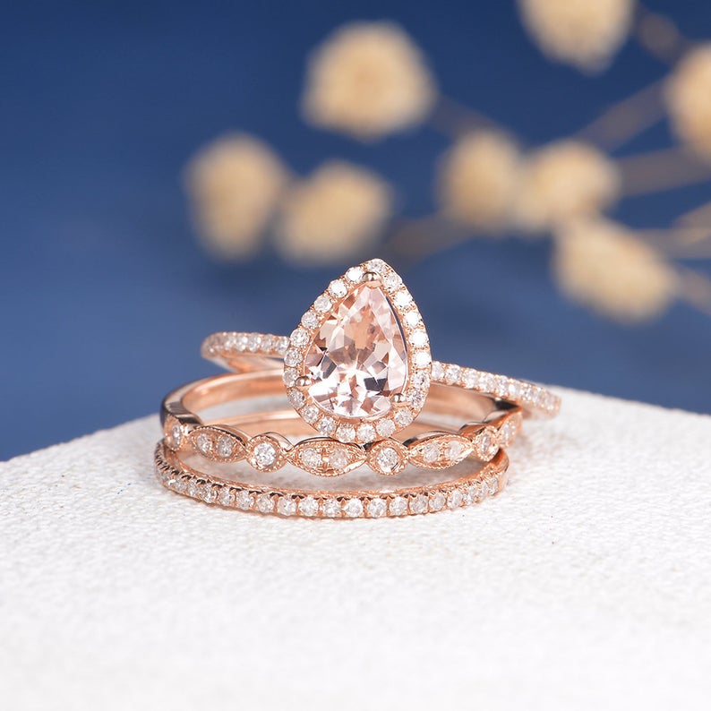 1 CT Pear Cut Morganite Diamond Rose Gold Over On 925 Sterling Silver Halo Trio Ring Set