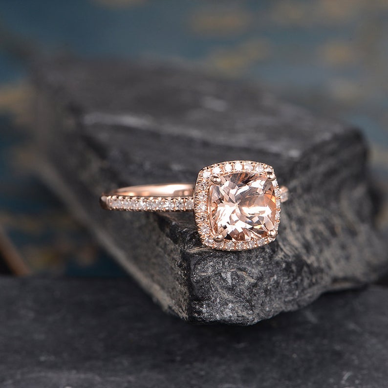 2 CT Cushion Cut Morganite Diamond Rose Gold Over On 925 Sterling Silver Halo Promise Ring Gift For Women