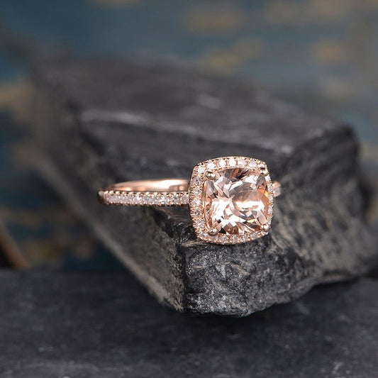 2 CT Cushion Cut Morganite Diamond Rose Gold Over On 925 Sterling Silver Halo Promise Ring Gift For Women