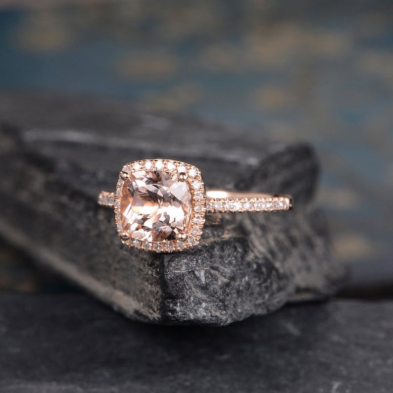 2 CT Cushion Cut Morganite Diamond Rose Gold Over On 925 Sterling Silver Halo Promise Ring Gift For Women