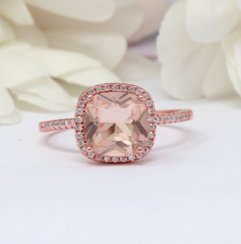 2 CT Cushion Cut Morganite Diamond 925 Sterling Silver Halo Wedding Ring