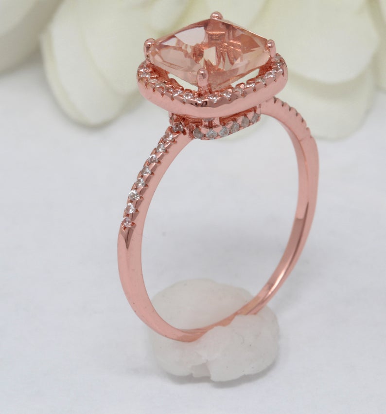 2 CT Cushion Cut Morganite Diamond 925 Sterling Silver Halo Wedding Ring