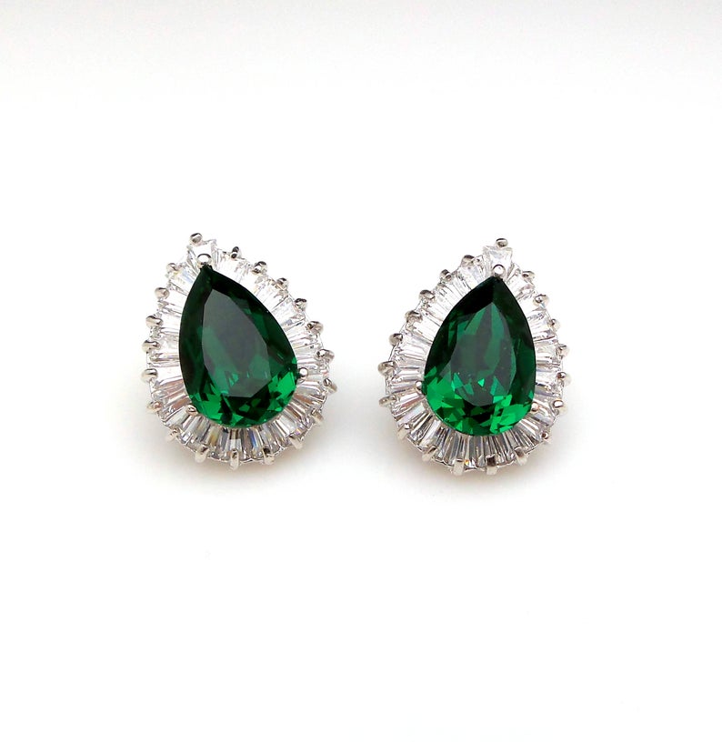 2.50 Ct Pear Cut Green Emerald Halo Anniversary Gift Earrings In 925 Sterling Silver