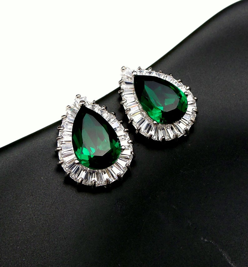 2.50 Ct Pear Cut Green Emerald Halo Anniversary Gift Earrings In 925 Sterling Silver