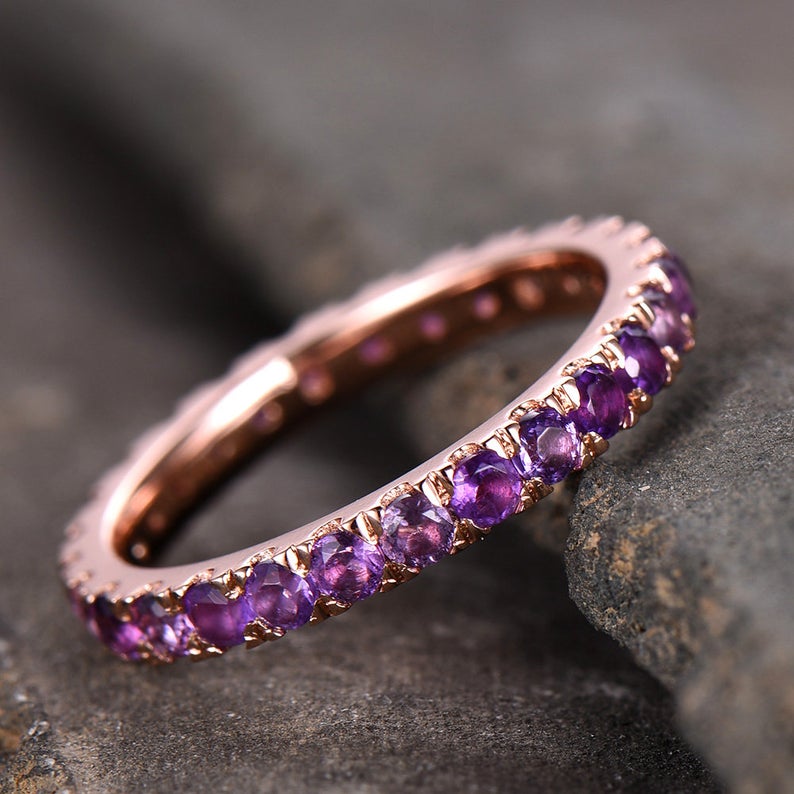 1 CT Round Cut Amethyst Diamond Rose Gold Over On 925 Sterling Silver Full Eternity Wedding Band Ring