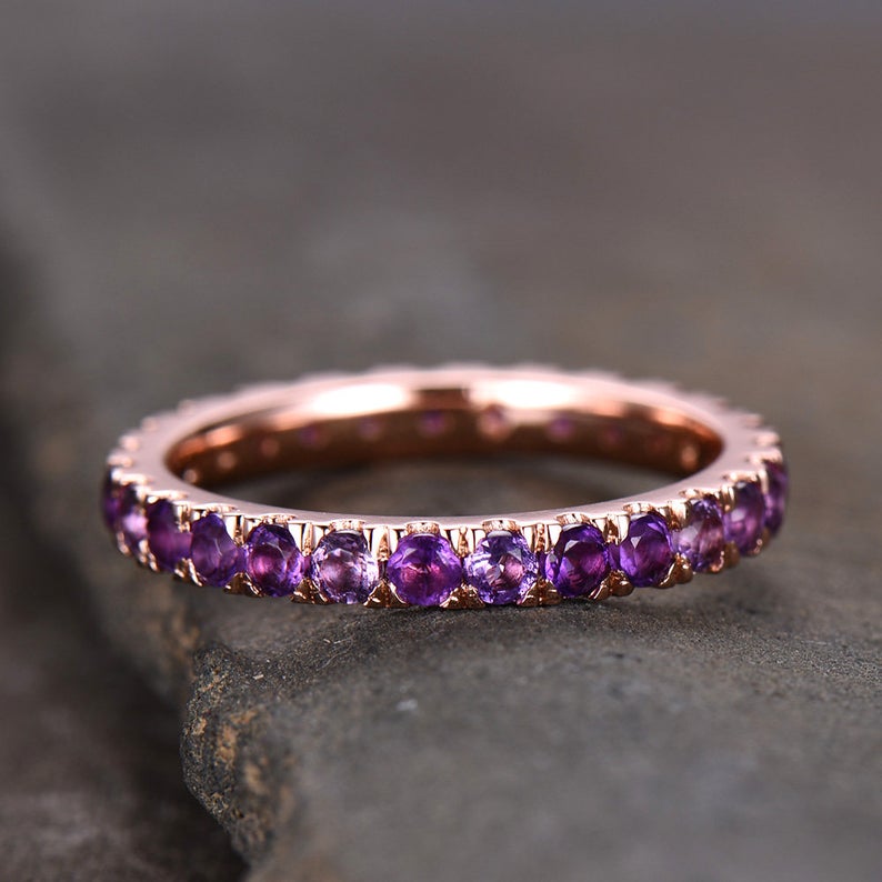 1 CT Round Cut Amethyst Diamond Rose Gold Over On 925 Sterling Silver Full Eternity Wedding Band Ring