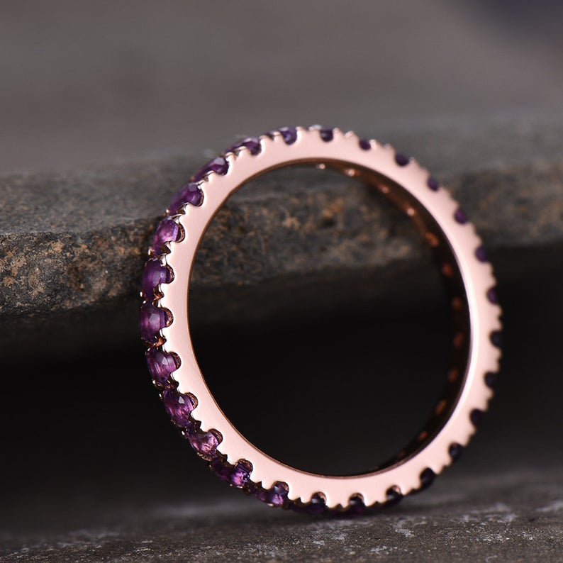 1 CT Round Cut Amethyst Diamond Rose Gold Over On 925 Sterling Silver Full Eternity Wedding Band Ring