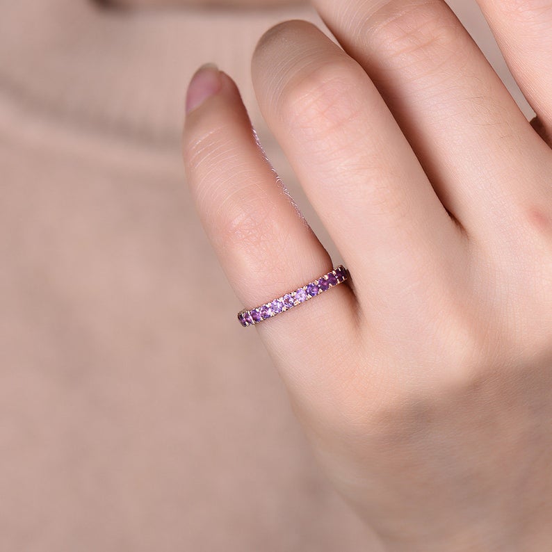 1 CT Round Cut Amethyst Diamond Rose Gold Over On 925 Sterling Silver Full Eternity Wedding Band Ring