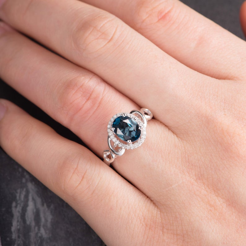 1.75 Ct Oval Cut London Blue Topaz 925 Sterling Silver Halo Promise Gift Unique Ring