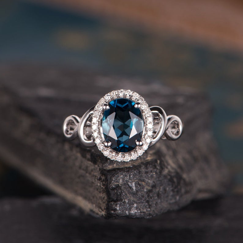 1.75 Ct Oval Cut London Blue Topaz 925 Sterling Silver Halo Promise Gift Unique Ring