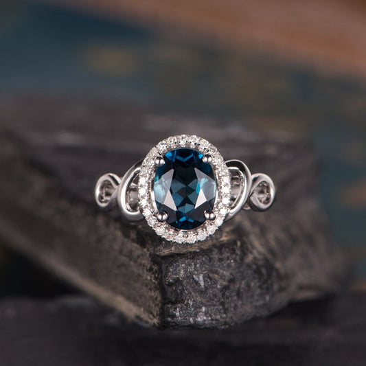 1.75 Ct Oval Cut London Blue Topaz 925 Sterling Silver Halo Promise Gift Unique Ring