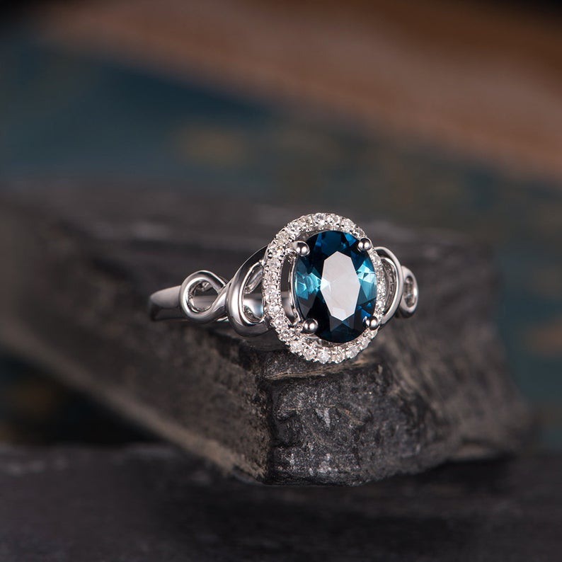 1.75 Ct Oval Cut London Blue Topaz 925 Sterling Silver Halo Promise Gift Unique Ring