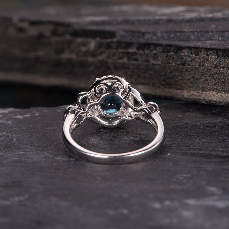 1.75 Ct Oval Cut London Blue Topaz 925 Sterling Silver Halo Promise Gift Unique Ring