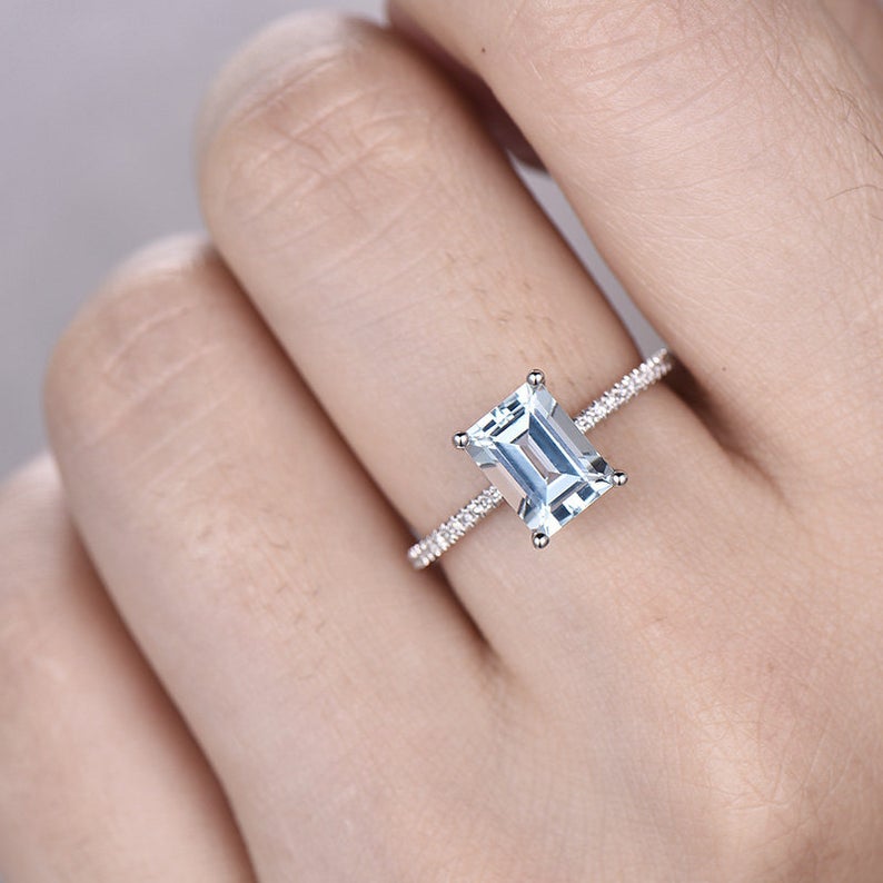 1 CT Emerald Cut Light Blue Aquamarine Diamond 925 Sterling Silver March Birthstone Promise Ring