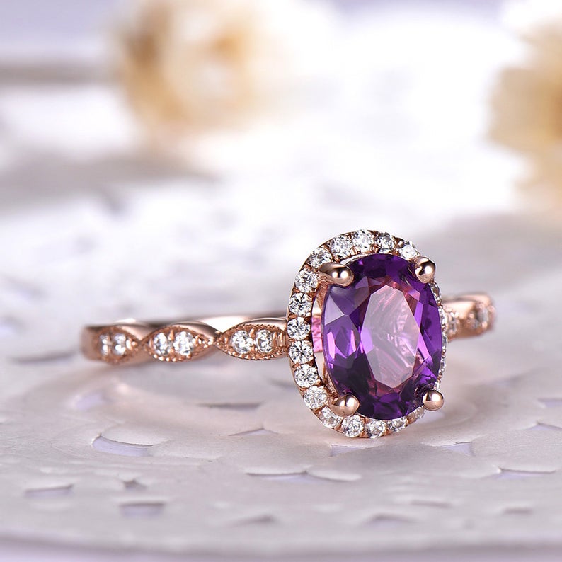 1 CT Oval Cut Amethyst CZ Diamond Rose Gold Over On 925 Sterling Silver Halo Engagement Ring