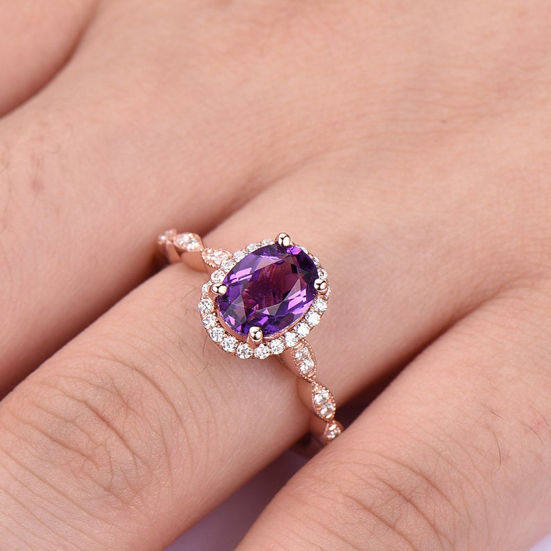 1 CT Oval Cut Amethyst CZ Diamond Rose Gold Over On 925 Sterling Silver Halo Engagement Ring