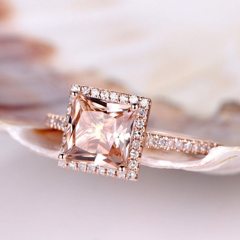 1 CT Princess Cut Morganite Diamond Rose Gold Over On 925 Sterling Silver Halo Engagement Ring