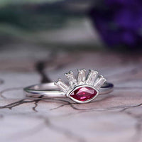 1.25 Ct Marquise Cut Red Ruby & Baguette Cut CZ Pretty Eye Style Ring In 925 Sterling Silver
