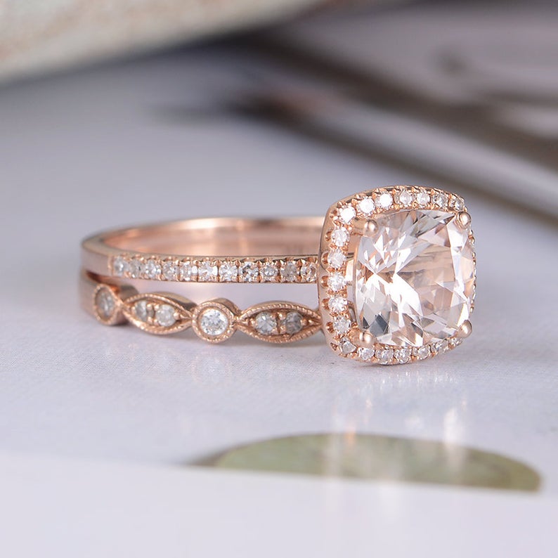 2 CT Cushion Cut Morganite Diamond Rose Gold Over On 925 Sterling Silver Wedding Women Bridal Ring Set