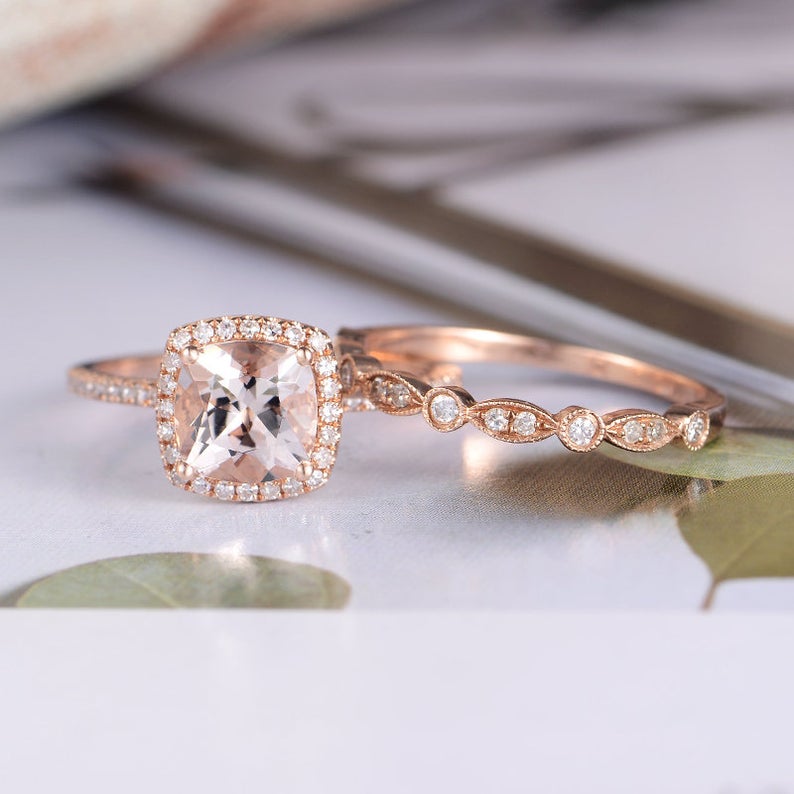 2 CT Cushion Cut Morganite Diamond Rose Gold Over On 925 Sterling Silver Wedding Women Bridal Ring Set