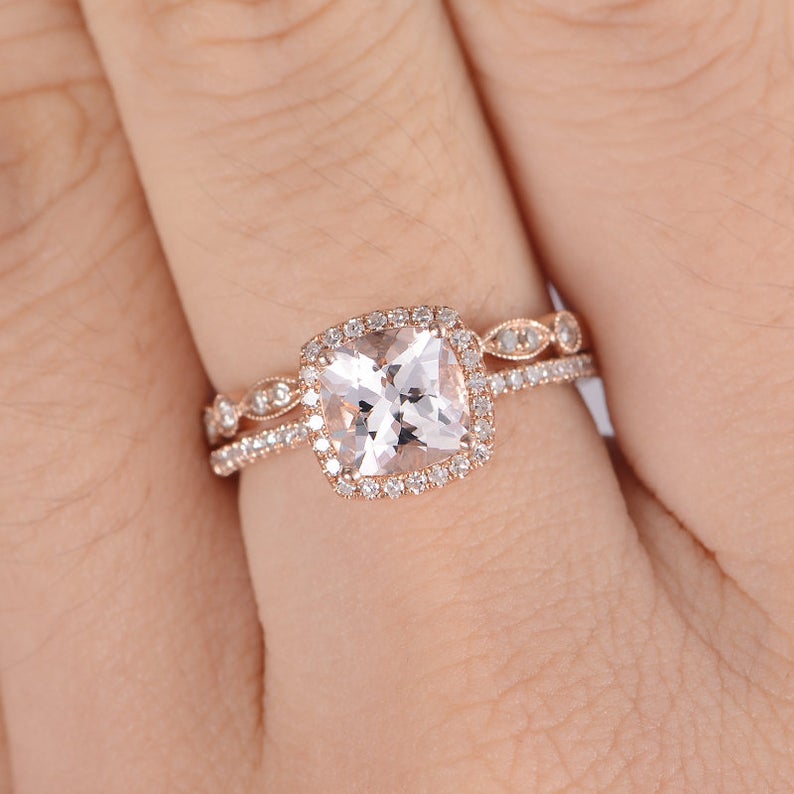 2 CT Cushion Cut Morganite Diamond Rose Gold Over On 925 Sterling Silver Wedding Women Bridal Ring Set