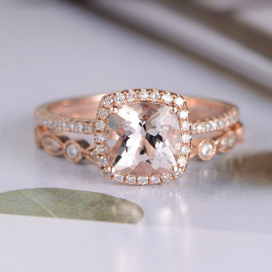 2 CT Cushion Cut Morganite Diamond Rose Gold Over On 925 Sterling Silver Wedding Women Bridal Ring Set