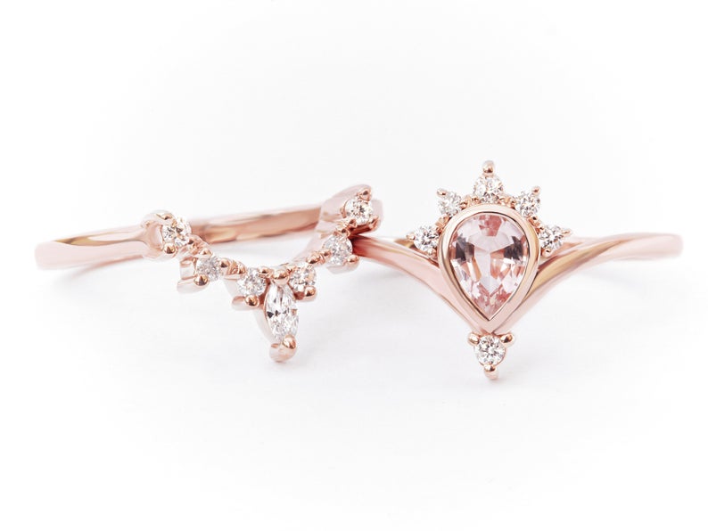 1 CT Pear Cut Morganite CZ Diamond Rose Gold Over On 925 Sterling Silver Wedding Bridal Ring Set