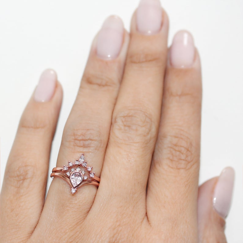 1 CT Pear Cut Morganite CZ Diamond Rose Gold Over On 925 Sterling Silver Wedding Bridal Ring Set