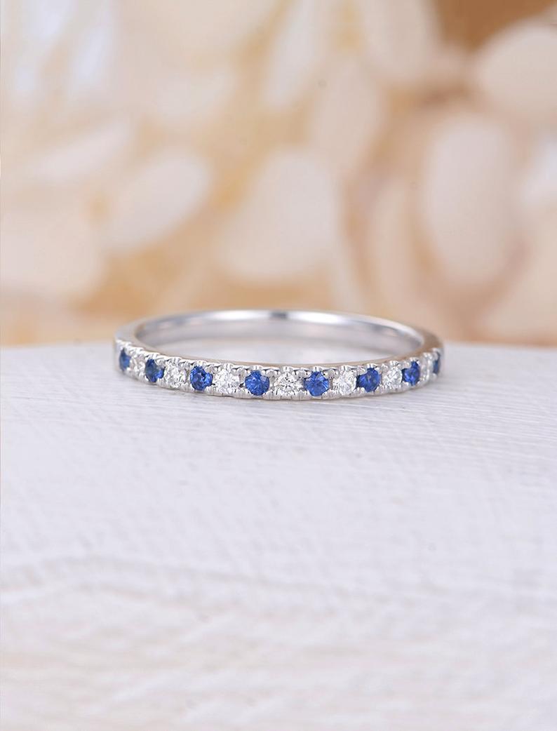 0.75 Ct Round Cut Blue Sapphire & White Cz 925 Sterling Silver Half Eternity Wedding Band Ring